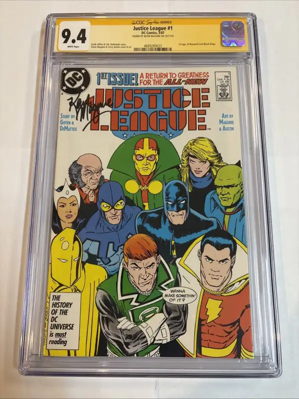 Justice League #1 (DC Comics, 1987), CGC 9.4 graded comic book, Signature Series label — front cover in its holder