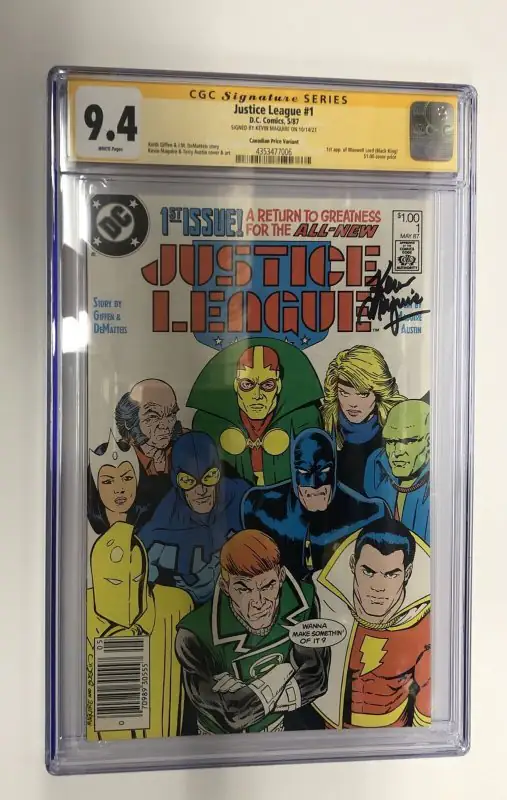 Justice League #1 (DC Comics, 1987), CGC 9.4 graded comic book, Signature Series label — front cover in its holder