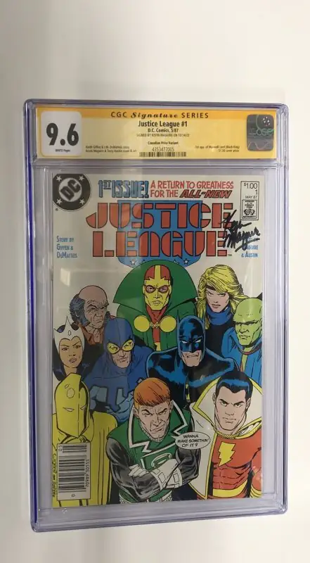 Justice League #1 (DC Comics, 1987), CGC 9.6 graded comic book, Signature Series label — front cover in its holder