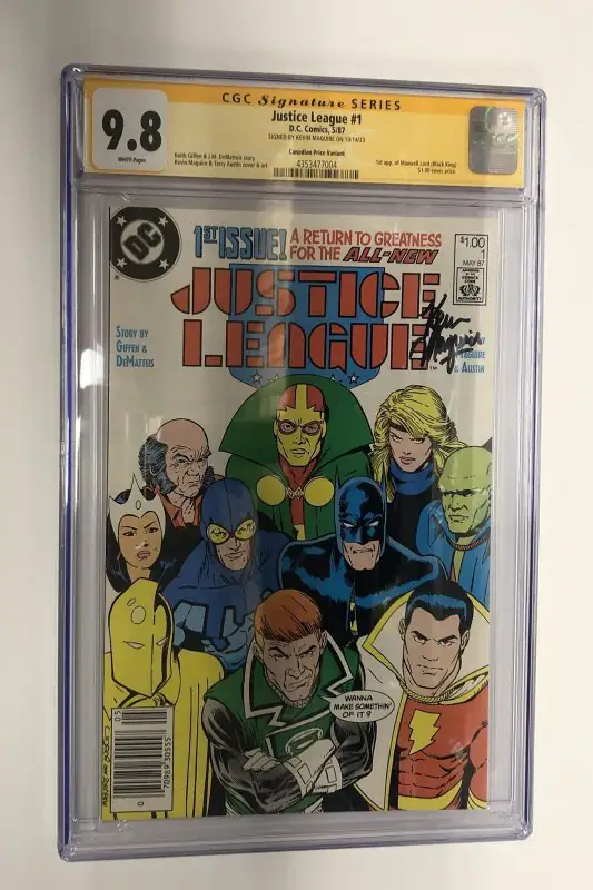 Justice League #1 (DC Comics, 1987), CGC 9.8 graded comic book, Signature Series label — front cover in its holder