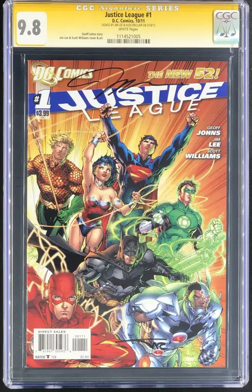 Justice League #1 (DC Comics, 2011), CGC 9.8 graded comic book, Signature Series label — front cover in its holder