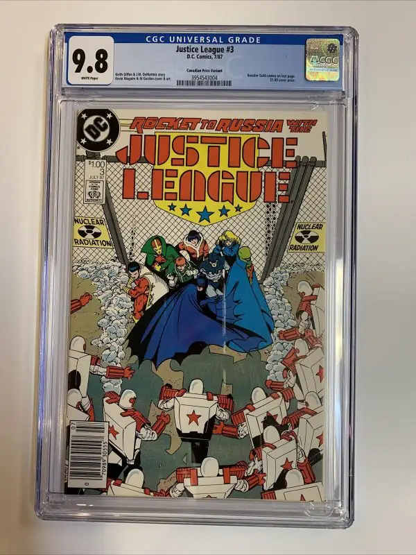 Justice League #3 (DC Comics, 1987), CGC 9.8 graded comic book, Universal Blue label — front cover in its holder