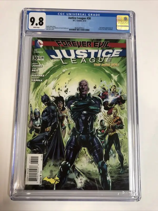 Justice League #30 (DC Comics, 2014), CGC 9.8 graded comic book, Universal Blue label — front cover in its holder