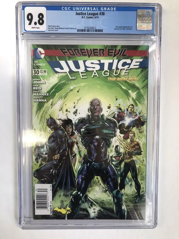 Justice League #30 (DC Comics, 2014), CGC 9.8 graded comic book, Universal Blue label — front cover in its holder
