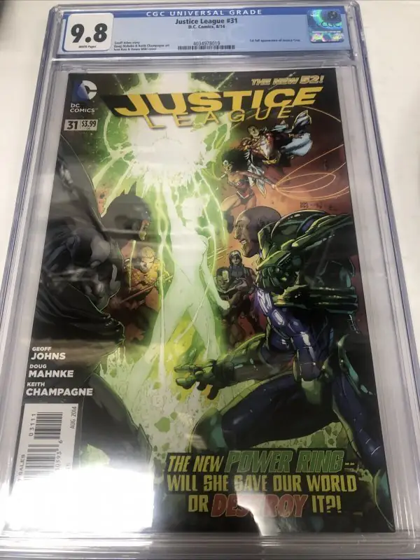 Justice League #31 (DC Comics, 2014), CGC 9.8 graded comic book, Universal Blue label — front cover in its holder