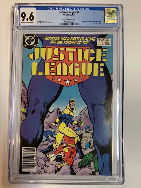 Justice League #4 (DC Comics, 1987), CGC 9.6 graded comic book, Universal Blue label — front cover in its holder