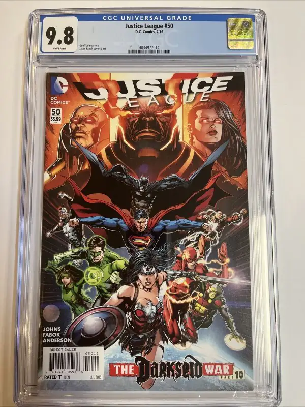 Justice League #50 (DC Comics, 2016), CGC 9.8 graded comic book, Universal Blue label — front cover in its holder
