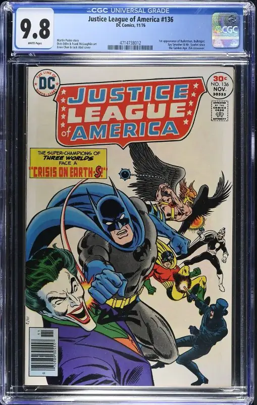 Justice League of America #136 (DC Comics, 1976), CGC 9.8 graded comic book, Universal Blue label — front cover in its holder