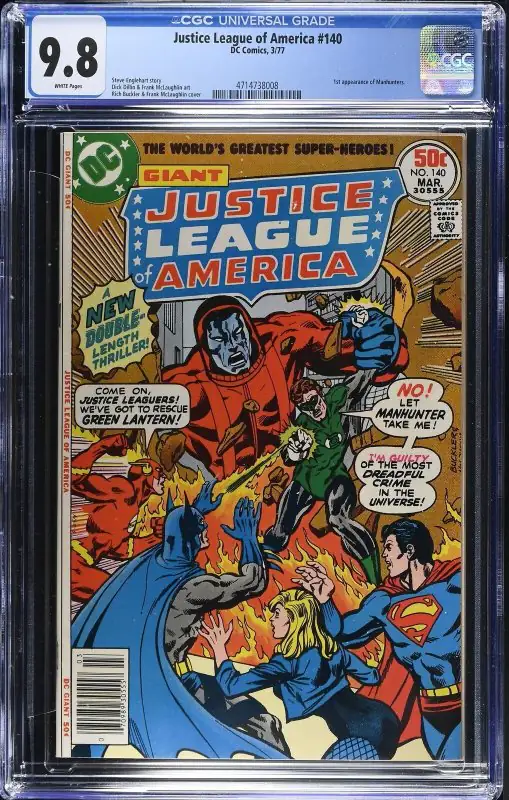 Justice League of America #140 (DC Comics, 1977), CGC 9.8 graded comic book, Universal Blue label — front cover in its holder