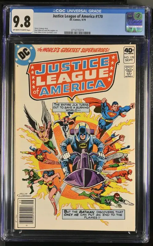 Justice League of America #170 (DC Comics, 1979), CGC 9.8 graded comic book, Universal Blue label — front cover in its holder
