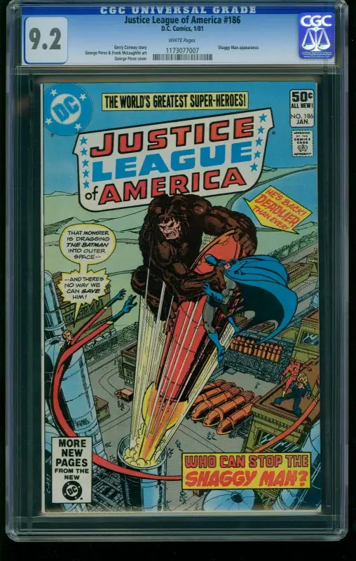 Justice League of America #186 (DC Comics, 1981), CGC 9.2 graded comic book, Universal Blue label — front cover in its holder