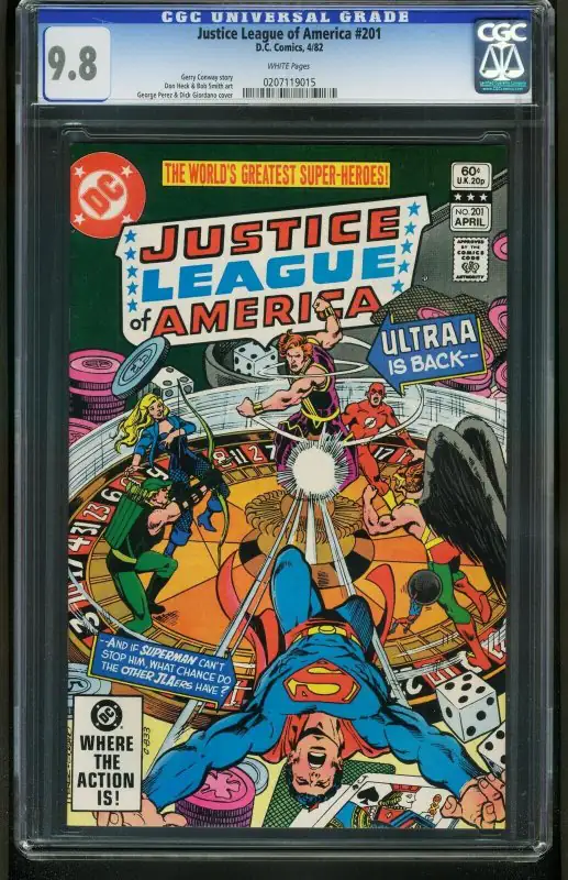 Justice League of America #201 (DC Comics, 1982), CGC 9.8 graded comic book, Universal Blue label — front cover in its holder