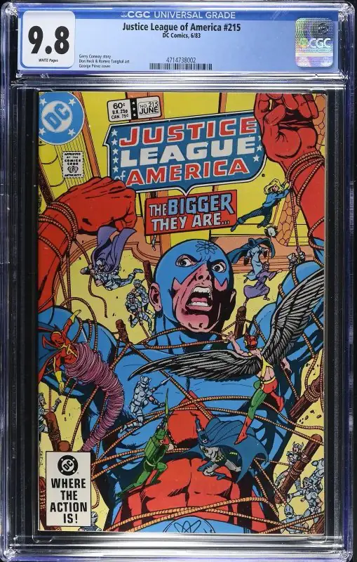 Justice League of America #215 (DC Comics, 1983), CGC 9.8 graded comic book, Universal Blue label — front cover in its holder