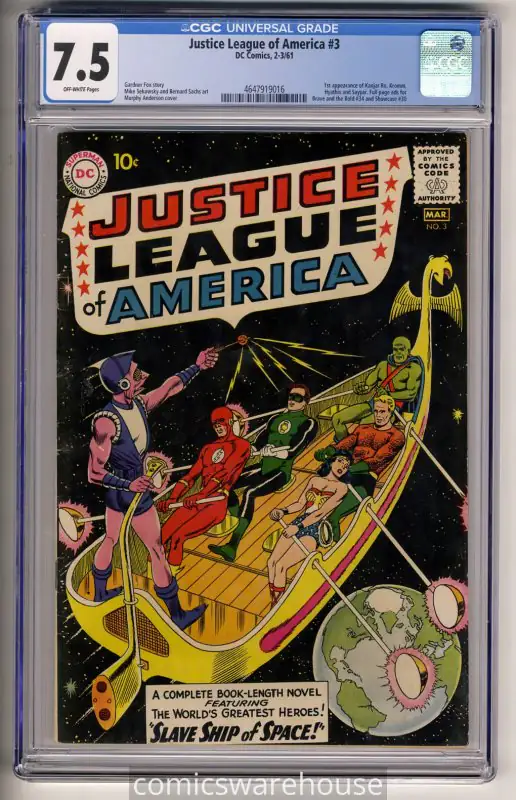 Justice League of America #3 (DC Comics, 1961), CGC 7.5 graded comic book, Universal Blue label — front cover in its holder
