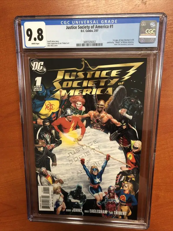 Justice Society of America #1 (DC Comics, 2007), CGC 9.8 graded comic book, Universal Blue label — front cover in its holder