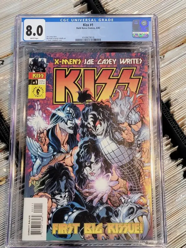 Kiss #1 (Dark Horse Comics, 2002), CGC 8.0 graded comic book, Universal Blue label — front cover in its holder