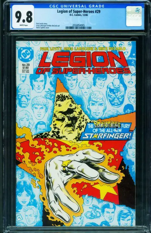 Legion of Super-Heroes #29 (DC Comics, 1986), CGC 9.8 graded comic book, Universal Blue label — front cover in its holder