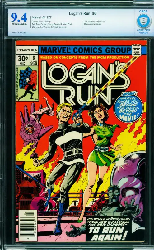 Logan's Run #6 (Marvel Comics, 1977), CGC 9.4 graded comic book, Universal Blue label — front cover in its holder