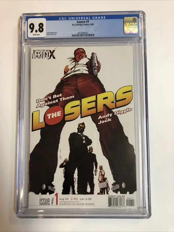 Losers #1 (DC Comics, 2003), CGC 9.8 graded comic book, Universal Blue label — front cover in its holder