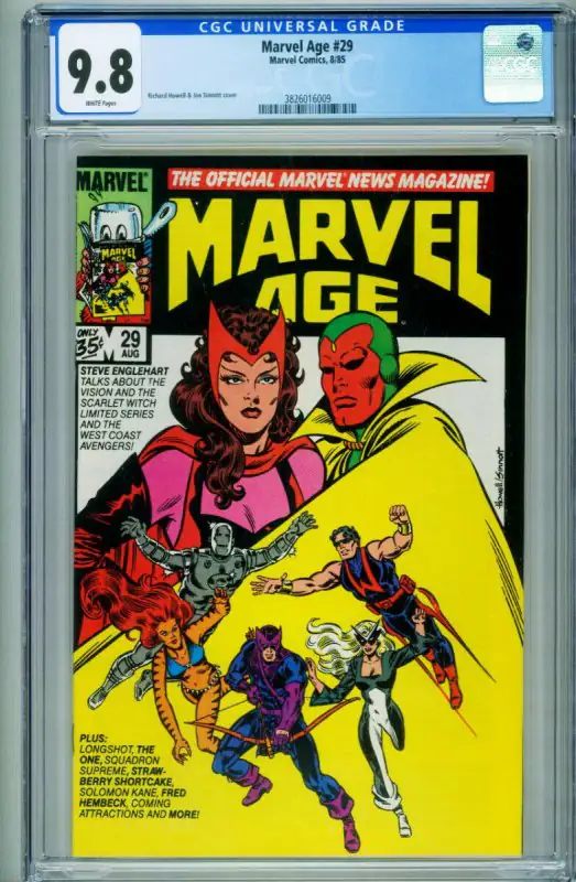 Marvel Age #29 (Marvel Comics, 1985), CGC 9.8 graded comic book, Universal Blue label — front cover in its holder