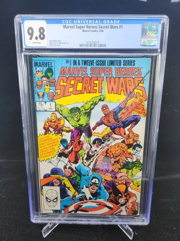 Marvel Super Heroes Secret Wars #1 (Marvel Comics, 1984), CGC 9.8 graded comic book, Universal Blue label — front cover in its holder