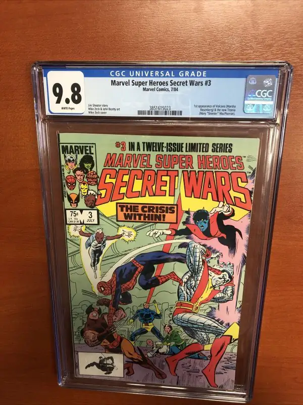 Marvel Super Heroes Secret Wars #3 (Marvel Comics, 1984), CGC 9.8 graded comic book, Universal Blue label — front cover in its holder