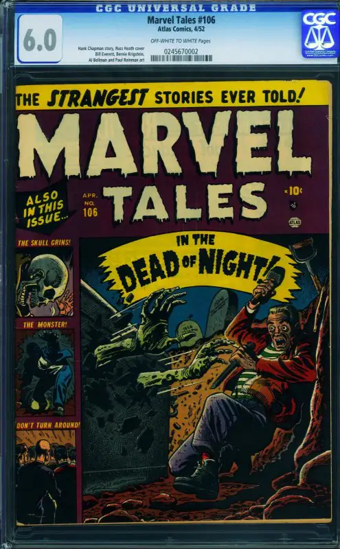 Marvel Tales #106 (Atlas Comics, 1952), CGC 6.0 graded comic book, Universal Blue label — front cover in its holder