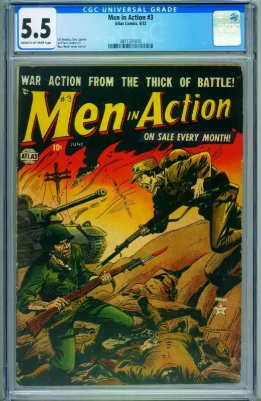 Men in Action #3 (Atlas Comics, 1952), CGC 5.5 graded comic book, Universal Blue label — front cover in its holder