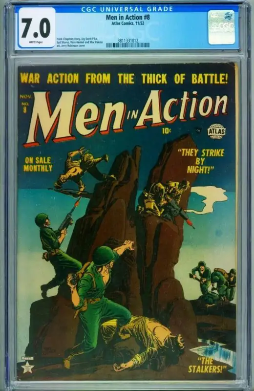 Men in Action #8 (Atlas Comics, 1952), CGC 7.0 graded comic book, Universal Blue label — front cover in its holder