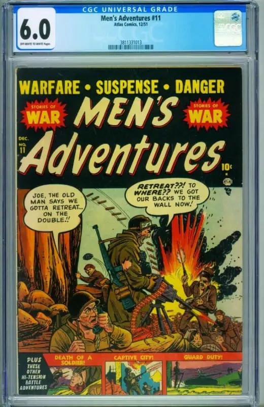 Men's Adventures #11 (Atlas Comics, 1951), CGC 6.0 graded comic book, Universal Blue label — front cover in its holder