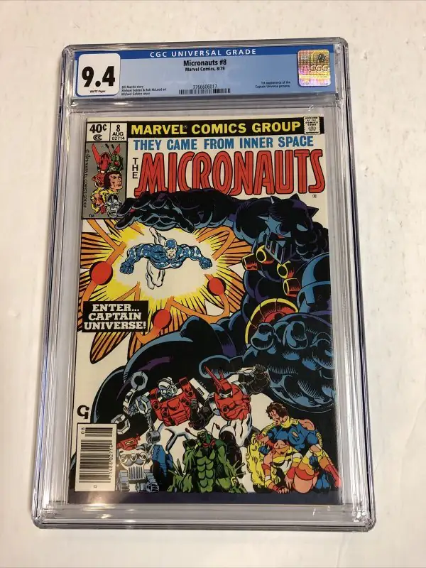 Micronauts #1 (Marvel Comics, 1979), CGC 9.4 graded comic book, Universal Blue label — front cover in its holder