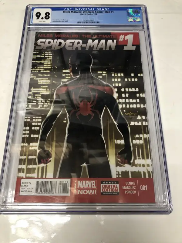 Miles Morales: Ultimate Spider-Man #1 (Marvel Comics, 2014), CGC 9.8 graded comic book, Universal Blue label — front cover in its holder