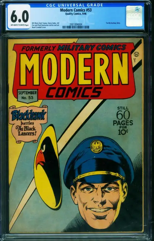 Modern #53 (Quality Comics, 1946), CGC 6.0 graded comic book, Universal Blue label — front cover in its holder