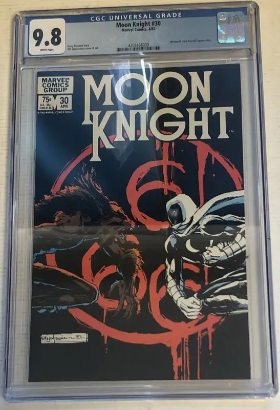 Moon Knight #30 (Marvel Comics, 1983), CGC 9.8 graded comic book, Universal Blue label — front cover in its holder