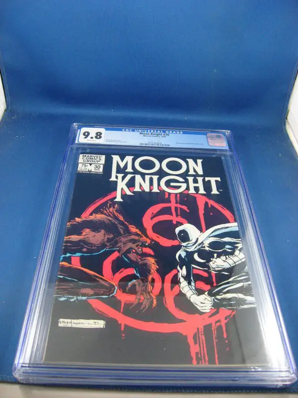 Moon Knight #30 (Marvel Comics, 1983), CGC 9.8 graded comic book, Universal Blue label — front cover in its holder