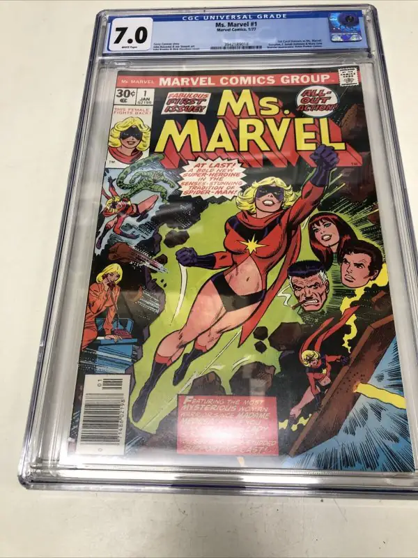 Ms. Marvel #1 (Marvel Comics, 1977), CGC 7.0 graded comic book, Universal Blue label — front cover in its holder