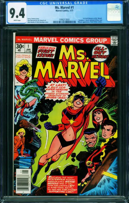 Ms. Marvel #1 (Marvel Comics, 1976), CGC 9.4 graded comic book, Universal Blue label — front cover in its holder