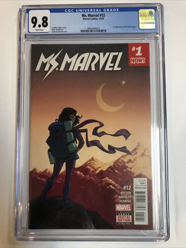 Ms. Marvel #12 (Marvel Comics, 2016), CGC 9.8 graded comic book, Universal Blue label — front cover in its holder