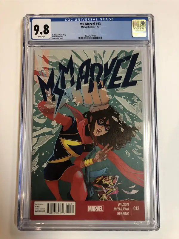 Ms. Marvel #13 (Marvel Comics, 2017), CGC 9.8 graded comic book, Universal Blue label — front cover in its holder