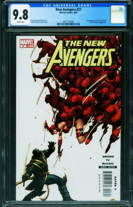 New Avengers #27 (Marvel Comics, 2007), CGC 9.8 graded comic book, Universal Blue label — front cover in its holder