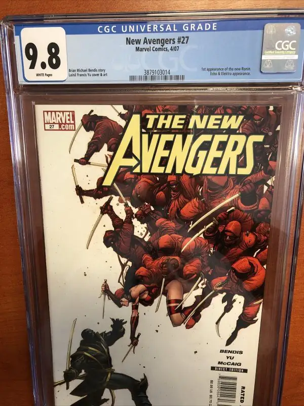 New Avengers #27 (Marvel Comics, 2007), CGC 9.8 graded comic book, Universal Blue label — front cover in its holder