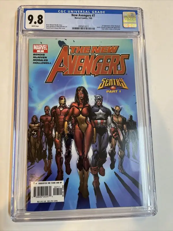 New Avengers #7 (Marvel Comics, 2005), CGC 9.8 graded comic book, Universal Blue label — front cover in its holder