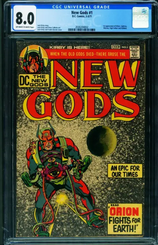 New Gods #1 (DC Comics, 1971), CGC 8.0 graded comic book, Universal Blue label — front cover in its holder