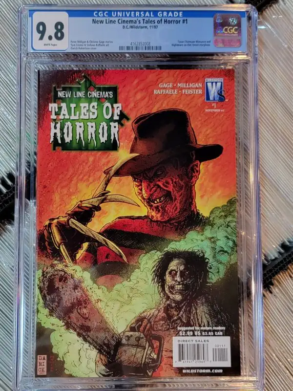 New Line Cinema's Tales of Horror #1 (DC Comics, 2007), CGC 9.8 graded comic book, Universal Blue label — front cover in its holder
