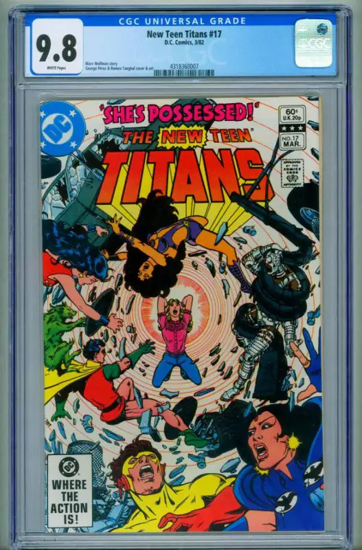 New Teen Titans #17 (DC Comics, 1985), CGC 9.8 graded comic book, Universal Blue label — front cover in its holder