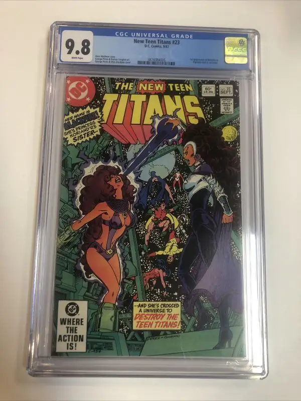 New Teen Titans #23 (DC Comics, 1982), CGC 9.8 graded comic book, Universal Blue label — front cover in its holder