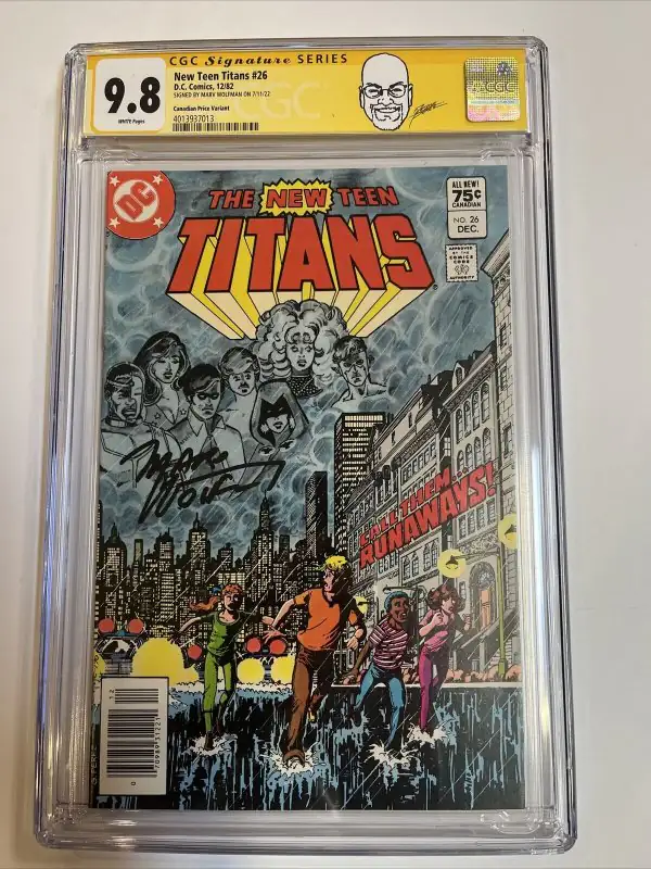 New Teen Titans #26 (DC Comics, 1982), CGC 9.8 graded comic book, Signature Series label — front cover in its holder