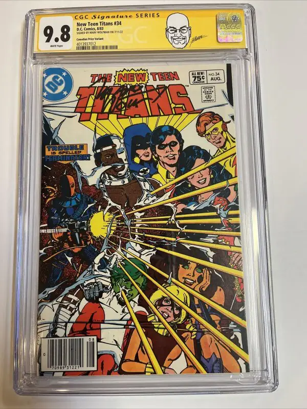 New Teen Titans #34 (DC Comics, 1982), CGC 9.8 graded comic book, Signature Series label — front cover in its holder
