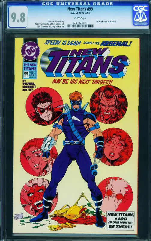 New Titans #99 (DC Comics, 1993), CGC 9.8 graded comic book, Universal Blue label — front cover in its holder