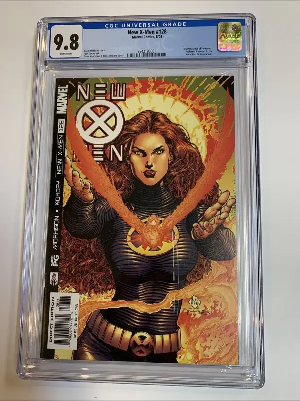 New X-Men #128 (Marvel Comics, 2002), CGC 9.8 graded comic book, Universal Blue label — front cover in its holder